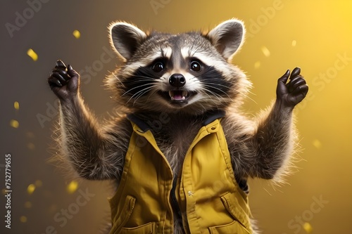 Excited raccoon with a big smile and arms raised in celebration on yellow. Generative AI © Jaon