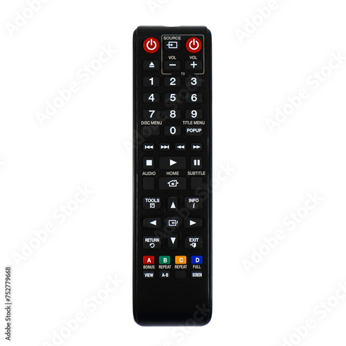 Top view of remote control for television or DVD player isolated on white background