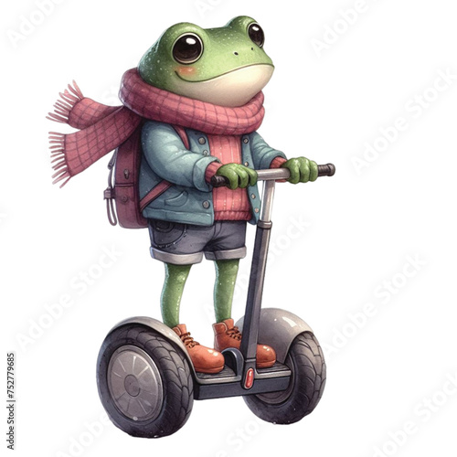 frog stand on scooter segway electric transport technology  clipart watercolor 