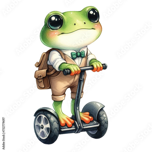frog stand on scooter segway electric transport technology  clipart watercolor 