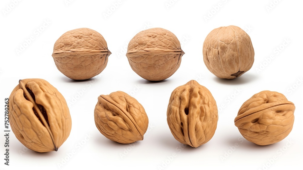 Nutty Elegance: Set of Single Delicious Walnuts Isolated on White Nutty Elegance: Set of Single Delicious Walnuts Isolated on White
