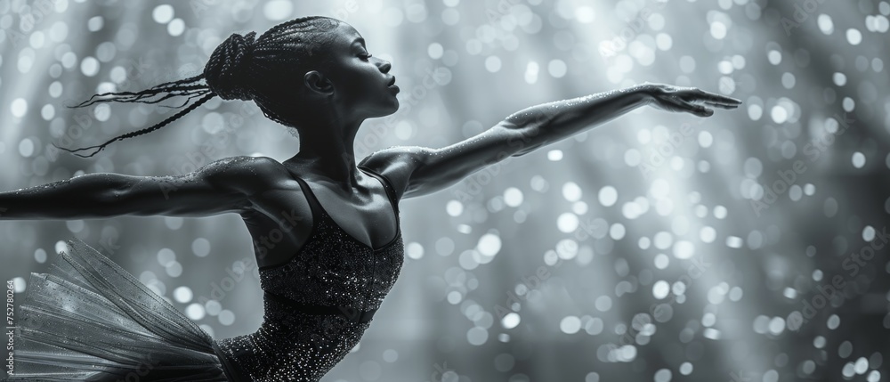 Graceful ballerina in black performing against sparkling bokeh backdrop - obrazy, fototapety, plakaty 