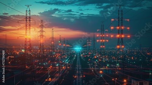 A complex electric power grid with illuminated lines and pylons dominates the cityscape at twilight. The intricate network of energy infrastructure