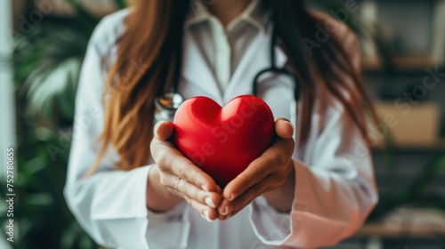 Female doctor's hand holding a red heart Healthcare and medical service concept