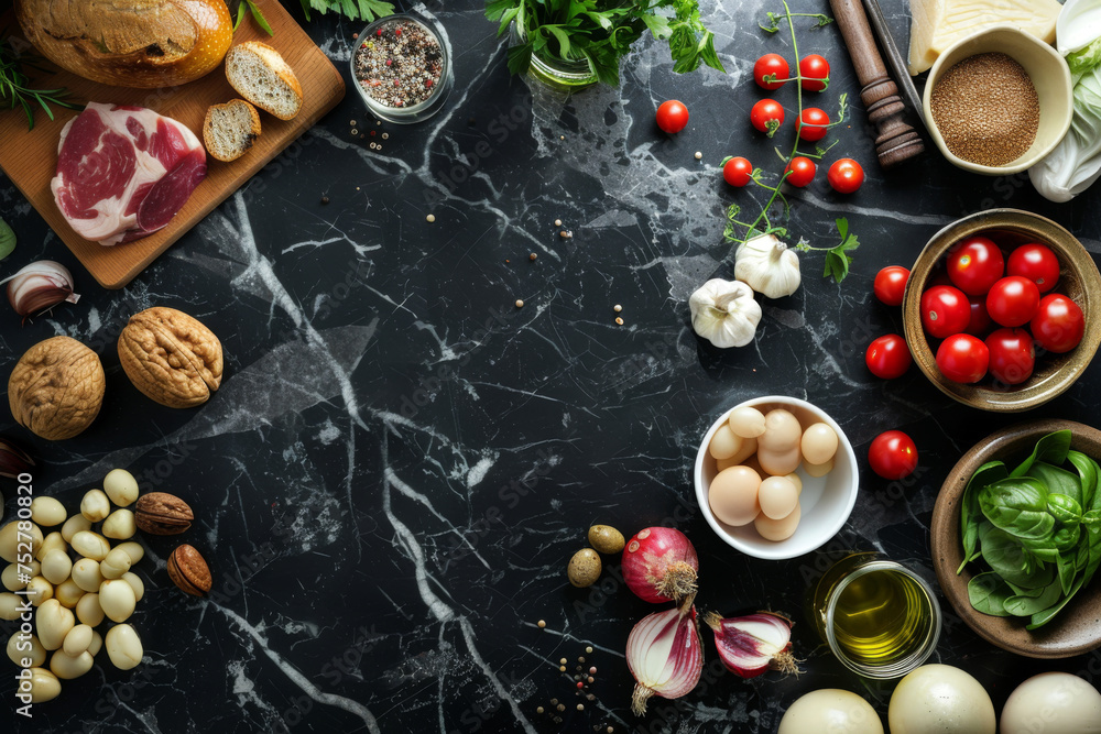 Top view of herbs and spices cuisine on black stone marble table background with empty space, food ingredient for cooking, various of spices. Top view of herbs and spices cuisine on black stone marble table background with empty space, food ingredient for cooking, various of spices.