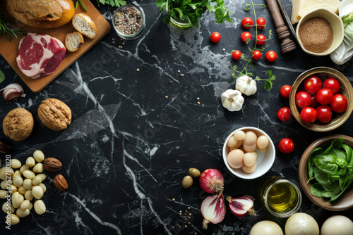 Top view of herbs and spices cuisine on black stone marble table background with empty space, food ingredient for cooking, various of spices.