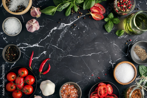 Top view of herbs and spices cuisine on black stone marble table background with empty space, food ingredient for cooking, various of spices.