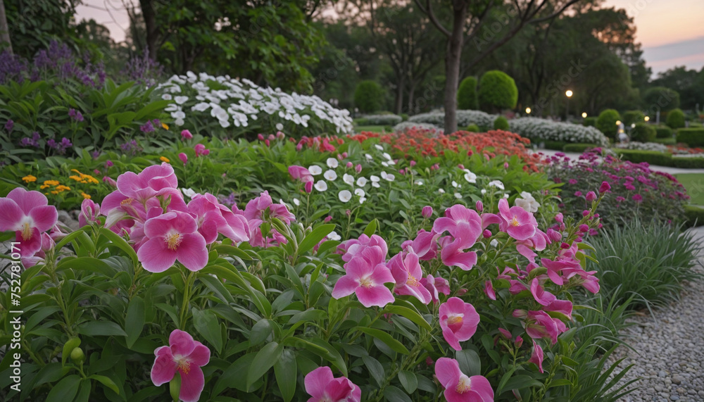 A vibrant flower blossoms in a formal garden at dusk