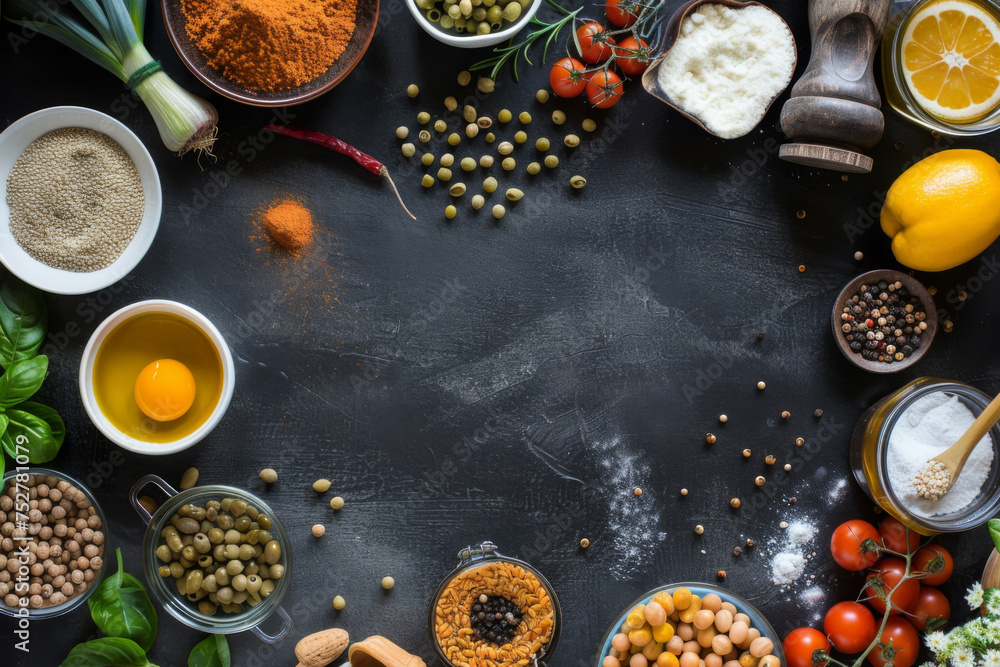 Top view of herbs and spices cuisine on black stone marble table background with empty space, food ingredient for cooking, various of spices.