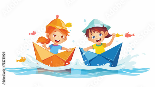 Funny kids in paper boat .. isolated on white background