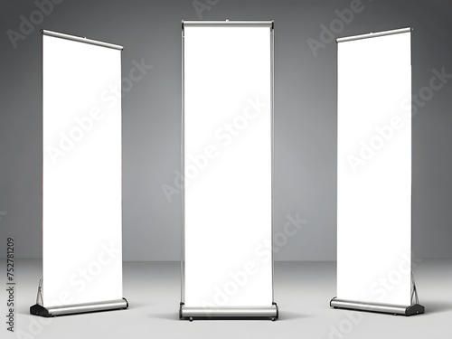 A set of blank roll-up, pop-up, or pull-up banners stands for advertising, marketing, or promotional use mock-up.