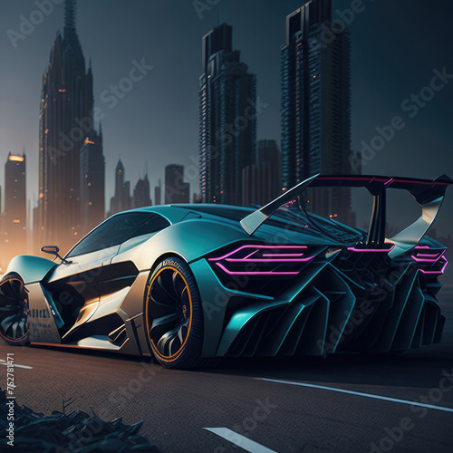 a futuristic car driving through a city at night, cyberpunk art by Michael Flohr, behance contest winner, panfuturism, matte drawing, synthwave, glowing neon photo