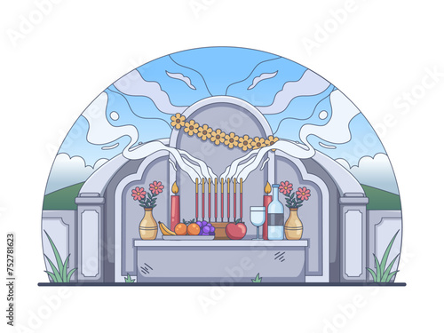 Qingming Festival Illustration depicting the honoring of ancestors through visiting grave sites, cleaning tombs, and making offerings. Evoking feelings of remembrance, respect, and cultural heritage