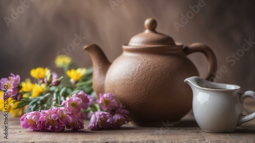 A rustic brown teapot is elegantly paired with yellow daisies and pink flowers, portraying a classic still life