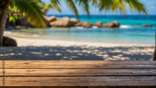 The picturesque serenity of a tropical beach is viewed from a rustic wooden deck, suggesting relaxation © ArtistiKa