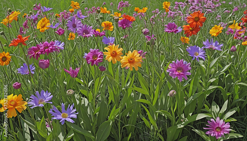 A vibrant bouquet of multi colored flowers in a meadow