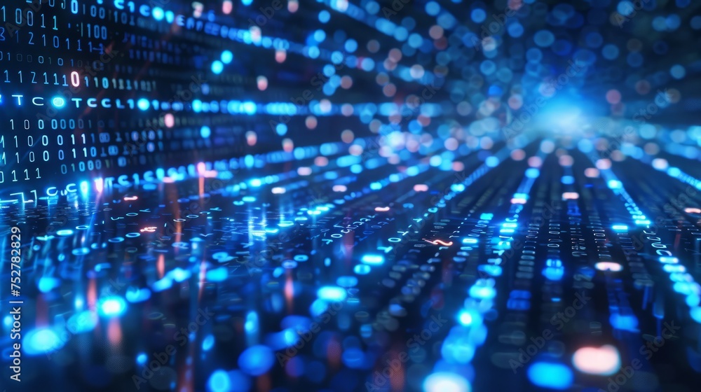 blue digital binary data on computer screen, Neon binary data stream. Flowing digits in a digital background blue digital binary data on computer screen, Neon binary data stream. Flowing digits in a digital background