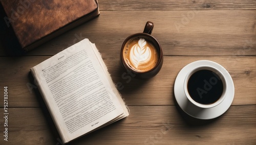 A soothing layout with a cup of coffee displaying intricate latte art, alongside an open book on a wooden surface