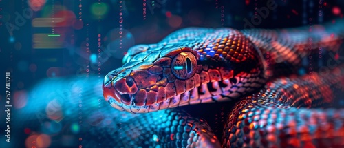 A futuristic python with laser eyes set against a colorful digital coding background