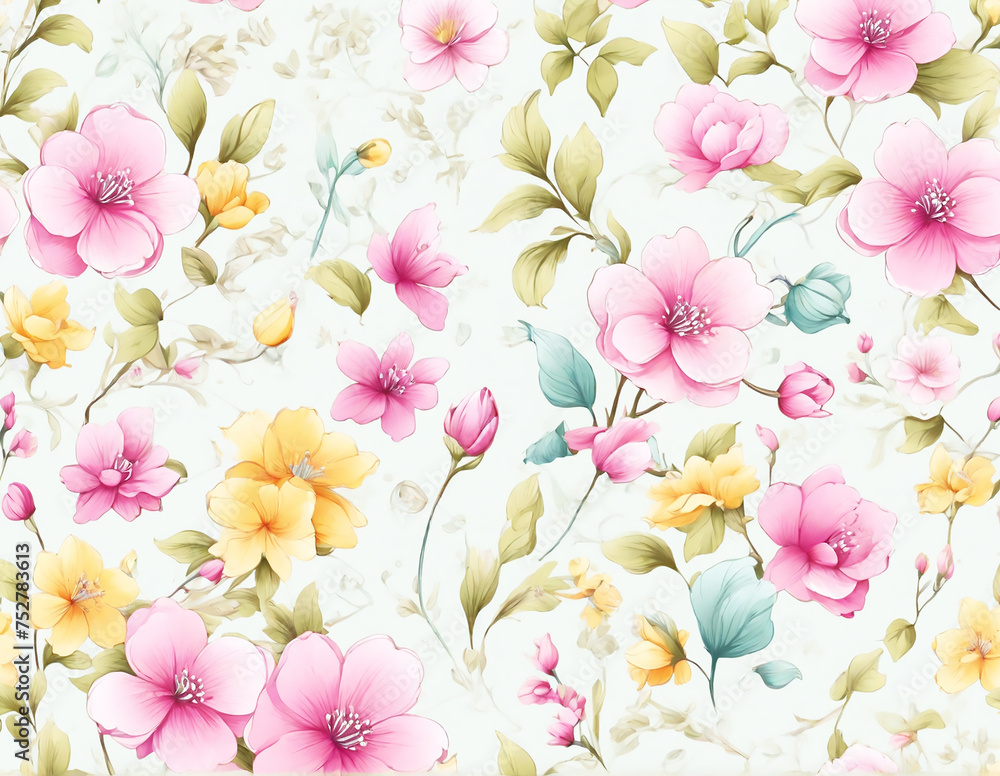 Beautiful hand drawn spring background with flowers.  Ai generate 