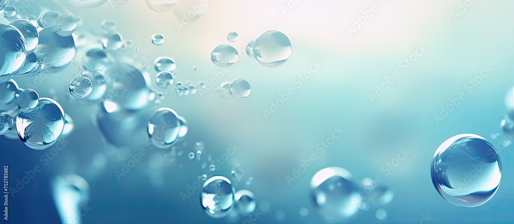 Serenity in Motion: Glistening Water Droplets Suspended on Vivid Blue Background