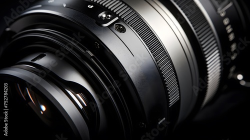 Close-up of a professional camera lens with a shallow depth of field