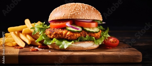 Delicious Chicken Burger with Lettuce and Cheese on Rustic Wooden Cutting Board