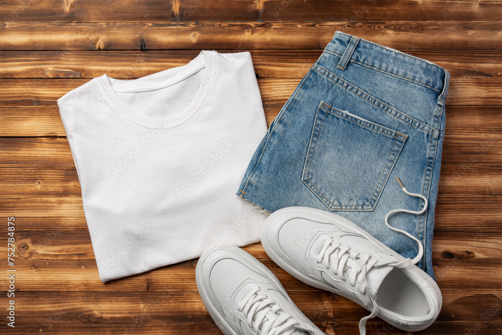Cotton T-shirt, jeans and sneakers on wooden background top view Cotton T-shirt, jeans and sneakers on wooden background top view