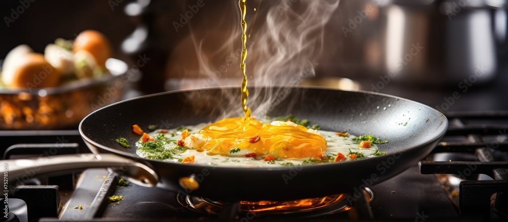 Sizzling Frying Pan Cooking an Assortment of Delicious Food on a Modern Stove Sizzling Frying Pan Cooking an Assortment of Delicious Food on a Modern Stove