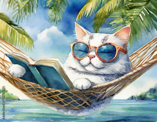 南の島で本を読みくつろぐ猫 photo