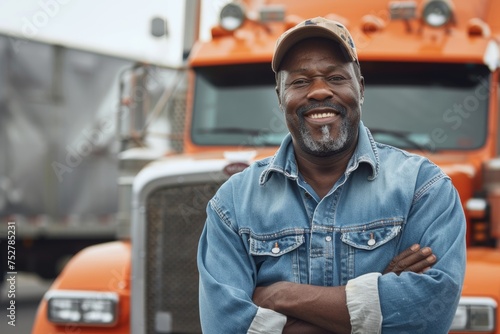 Confident Black American truck driver standing in front of his truck