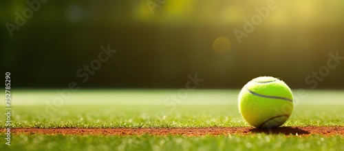 Vibrant Tennis Ball Lying on Green Grass Field Ready for Fun Sports Activity © Ilgun