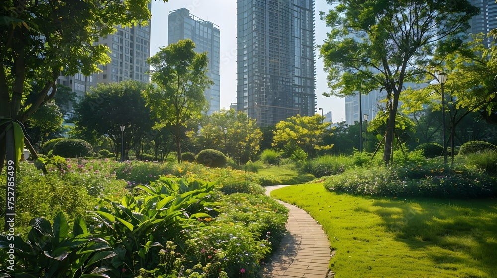 Garden Walkway Among Tall City Buildings, To showcase the beauty of nature in urban settings and promote environmental awareness