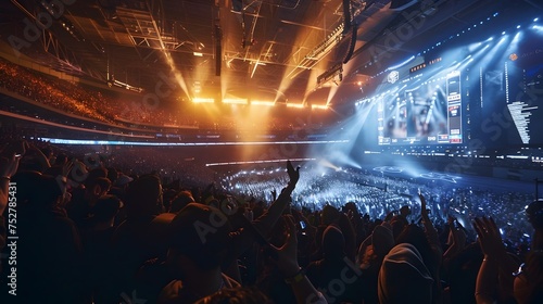 Esports Event in Stadium with Huge Crowd in Rock and Roll Style, To provide a captivating and engaging image for esports events and gaming culture photo