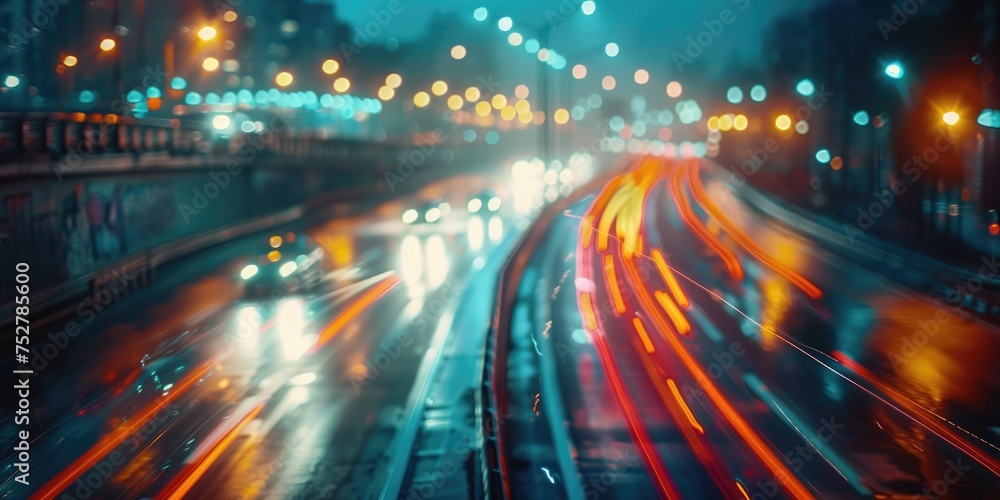 Trucks traveling on a highway at night. Motion blur light. Generative Ai