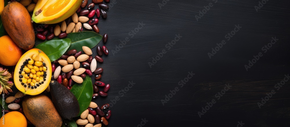 Vibrant Assortment of Fresh Fruits and Nuts Arranged on Elegant Black Background