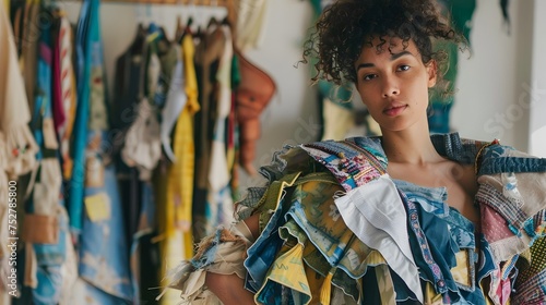 Curly Haired Woman Styled in Mixed Fabric Clothes, To showcase a unique and sustainable approach to fashion through the use of mixed fabric pieces photo