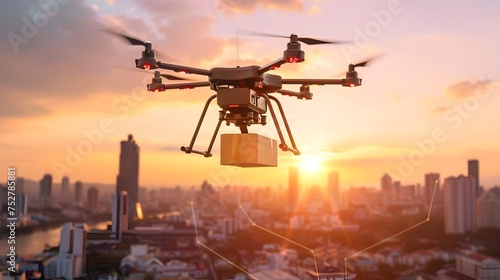 A drone delivering packages in the sky  To showcase the efficiency and modernity of drone delivery services in urban areas