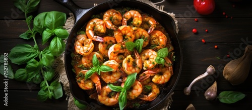 Delicious Shrimp and Colorful Vegetables Sizzling in a Pan on Wooden Table