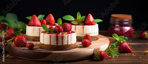 Delicious Homemade Cake with Fresh Strawberries on Rustic Wooden Board