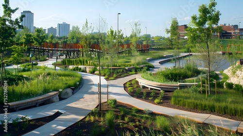 Lakefront Park with Playful Streamlined Forms, To showcase the beauty and tranquility of a lakefront park with a modern and playful design, promoting