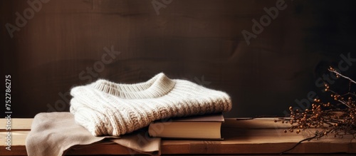 Cozy White Sweater and Classic Book Resting on Rustic Wooden Table photo