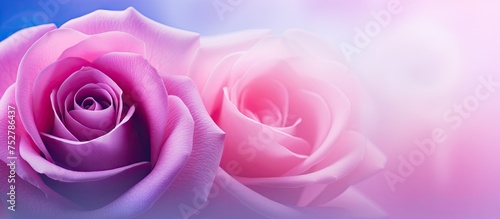Elegant Pair of Pink Roses Resting on a Vibrant Blue Background with Copy Space