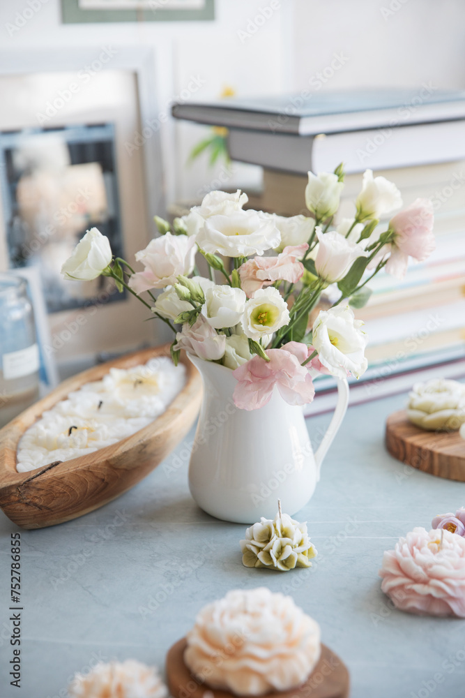 Small bouquet with white and pink eustoma in the interior