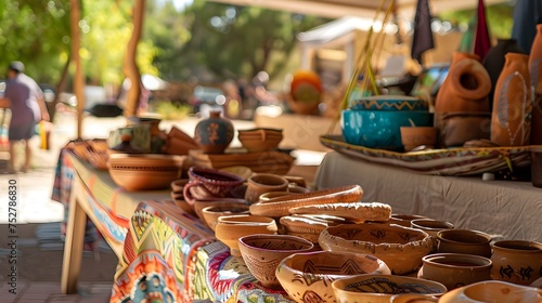 Handmade Pottery Outdoor Display in Fusion of Mexican and American Cultures, To showcase a unique and beautiful outdoor display of handmade pottery,