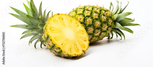 Juicy Pineapple Sliced in Half Revealing Vibrant Tropical Fruit Flesh on a Wooden Table