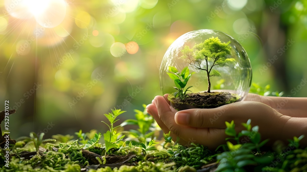 Childs Hand Holding a Glass Ball with a Tree Inside, To promote the importance of sustainability and eco-friendly living through a whimsical and - obrazy, fototapety, plakaty 
