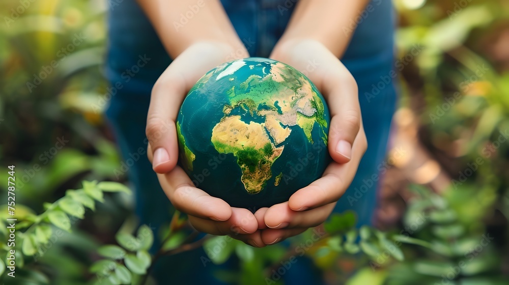 Woman Holding Stylized Blue Earth Globe, To convey a message of environmental awareness and sustainability in a stylish and inspiring way Woman Holding Stylized Blue Earth Globe, To convey a message of environmental awareness and sustainability in a stylish and inspiring way