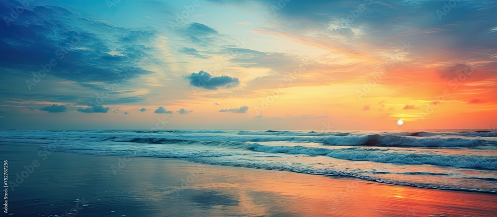 Mesmerizing Ocean Sunset with Majestic Waves in a Serene Evening Scene Mesmerizing Ocean Sunset with Majestic Waves in a Serene Evening Scene