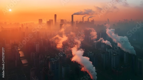 Aerial Cityscape with Smoke Stacks at Sunset, To promote environmental consciousness and encourage responsible industrial practices, showcasing the